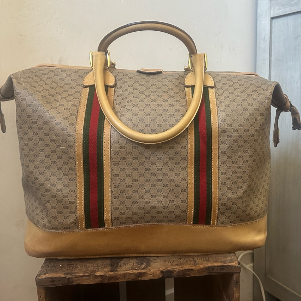 Vintage Authentic Gucci Monogram GG Web Travel Bag Red/Green Stripes EUC